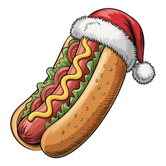 A whimsical hot dog is dressed with various toppings and humorously topped with a Santa hat.
