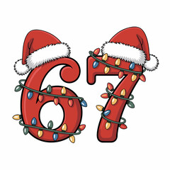 Fototapeta premium Numbers 6 and 7 are adorned with Santa hats and colorful holiday lights. The background is a solid dark red, enhancing the festive theme.