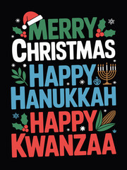 Typography featuring holiday greetings for Christmas, Hanukkah, and Kwanzaa. Vibrant colors and symbols like a hat and menorah enhance the festive feel.
