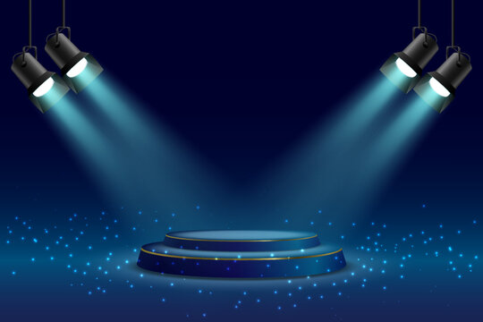 Blue light podium of light and glowing spotlights.