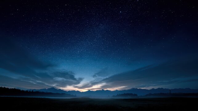 Starry night clouds glow in deep blue sky above a tranquil landscape