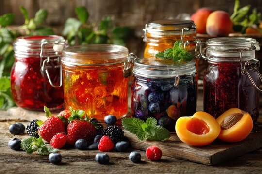 Still life of assorted fruit jams and fresh berries on a rustic wooden table