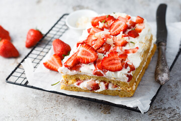 Homemade strawberry cake with vanilla cream