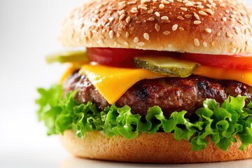 Studio food photography of a juicy beef burger with fresh vegetables on white surface