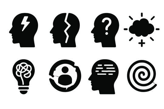 Psychological Concept Icons. Solid style icons of psychological disruptors: inner conflict glyph, thought split symbol, self-doubt