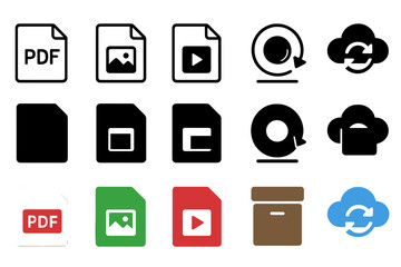 File Management Icons. Linear minimalistic file management icon: PDF file, image file, video file, archive box, backup disk, cloud