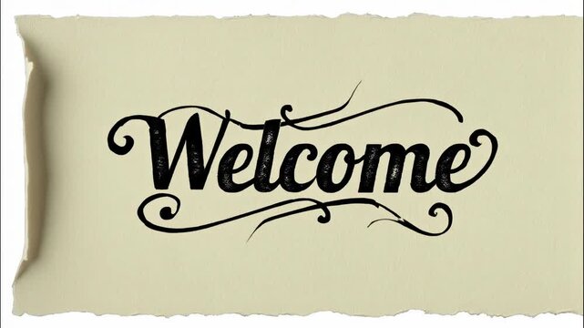 Black ink effect on cream colored old antique parchment paper with the word Welcome in elegant font typography, perfect for start frames of youtube video