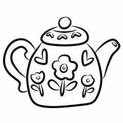 Teapot with Floral Pattern in Black Outline Style for Tea Branding