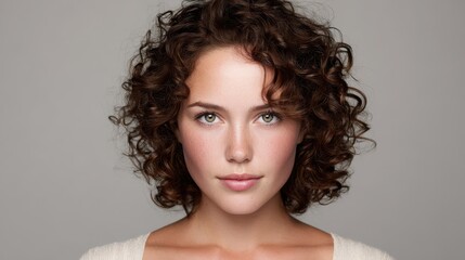 Studio portrait of a young woman with curly brown hair, direct gaze against a white background