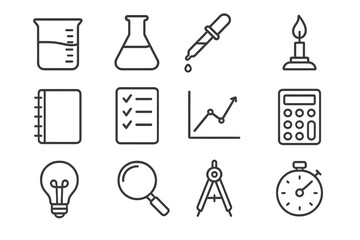 Obraz premium Scientific Method Icons. Line style icons of Scientific Method: Beaker, Flask, Pipette, Bunsen Burner; Notebook, Checklist, Graph,