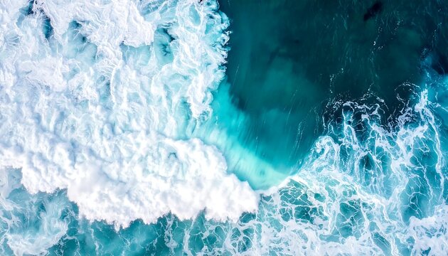 Aerial view of ocean waves crashing, showcasing turquoise and white foams in dynamic motion