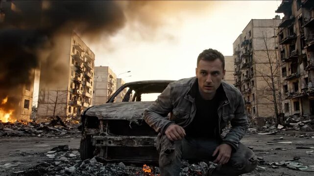 Man crouches near destroyed car in war zone with burning buildings behind. Survivor sits by burned car amid city ruins. Man in war destruction near car. Burning city shows man by destroyed vehicle