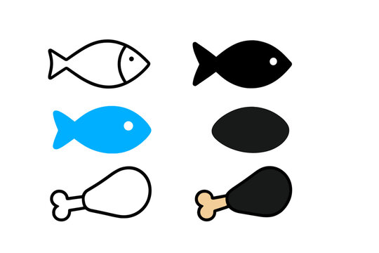 Fish and Drumstick Icons. Linear minimalistic fish icon: fish outline with fin and tail, uniform line thickness, no fill, Solid