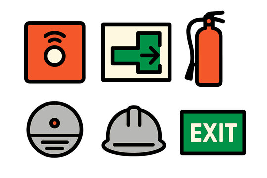 Emergency Preparedness Icons. Linear minimalistic emergency preparedness icon: fire alarm panel, escape route map, extinguisher