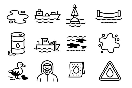 Oil Spill Icons. Line style icons of Oil Spills: oil slick, tanker ship, warning buoy, containment boom; oil drum, skimmer boat,