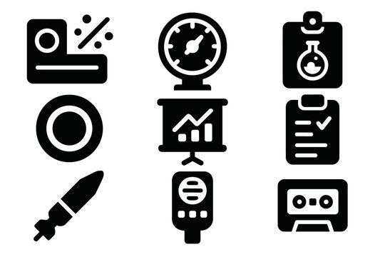 Stratosphere Science Icons. Solid style icons of stratosphere science modules: particle sensor glyph, pressure gauge icon, sample