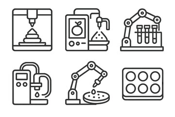 Food Lab Robotics Icons. Line style icons of food lab robots: food printer, synthetic food generator, robotic test tube holder,