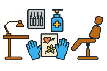 Tattoo Convention Icons. Linear minimalistic body art convention icon: tattoo station, needle kit, sanitizer bottle, design