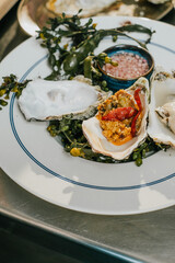 A plate of food with a blue and white border. The plate has a variety of food items including oysters, vegetables, and a sauce. The plate is set on a table
