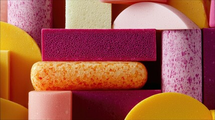 A close-up, abstract composition of stacked geometric shapes made of foam or sponge material in various bright colors including yellow, pink, orange, and purple