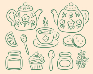 Tea Time Line Art Illustration Set for Café and Packaging Design