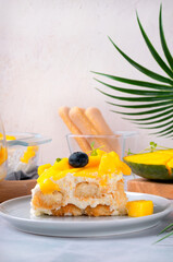 Piece of tiramisu cake with mango served on the plate on white table. Italian dessert variation