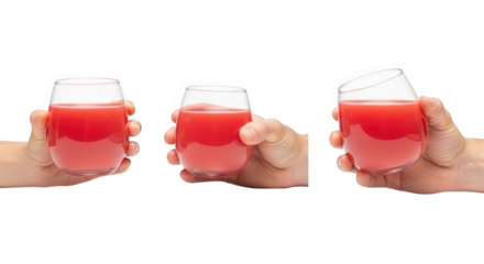 Three hands holding glass of red juice isolated on transparent background