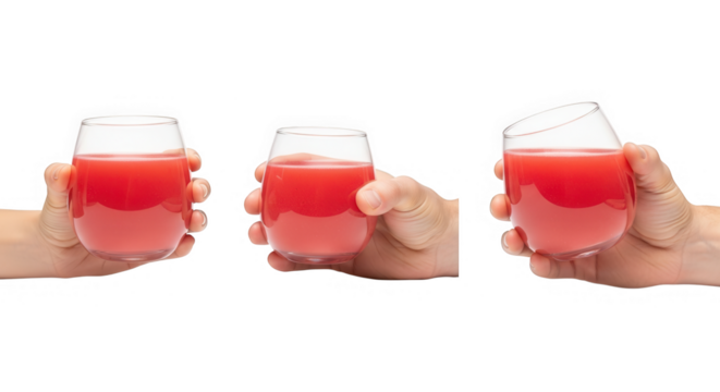 Three hands holding glass of red juice isolated on transparent background - Powered by Adobe