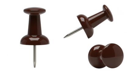 Set of brown push pins isolated on transparent background
