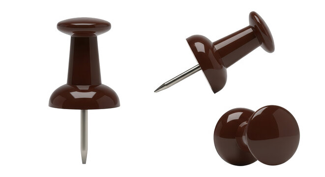 Set of brown push pins isolated on transparent background