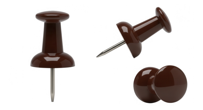 Set of brown push pins isolated on transparent background