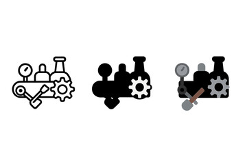 Heritage Engine Icons. Linear minimalistic heritage engine icon: piston rod, pressure gauge, fuel shovel, steam dome, gear wheel,