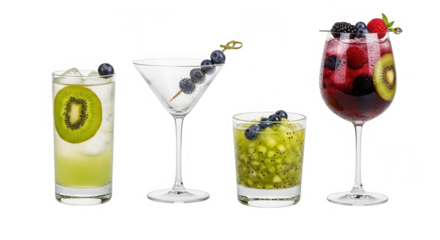 Four colorful kiwi and berry cocktails isolated on transparent background