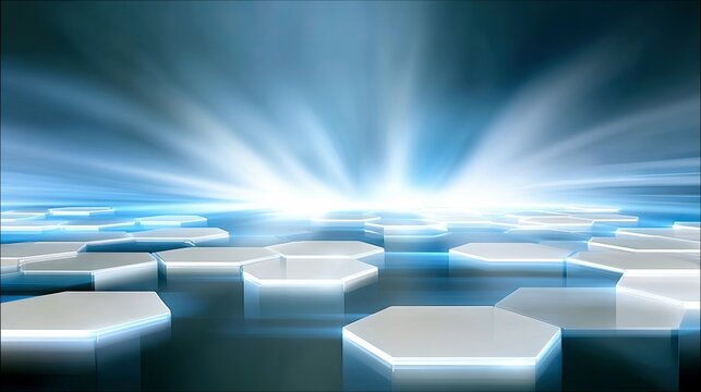 A futuristic, abstract digital landscape featuring a grid of glowing hexagonal platforms receding into a bright, luminous horizon with rays of light emanating f