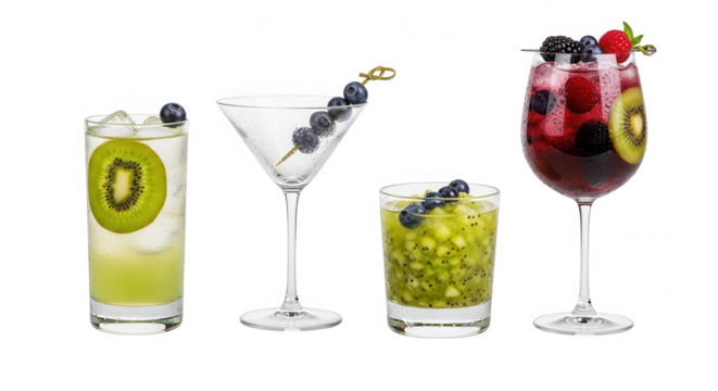Four colorful kiwi and berry cocktails isolated on transparent background