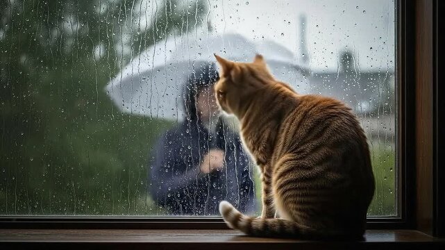 Ginger Cat Sitting on Window Sill Looking Out at Rainy Day Scene with Person Under Umbrella in Dark Ambiance View from Behind Pet with Sad Nostalgic Mood 185 Char