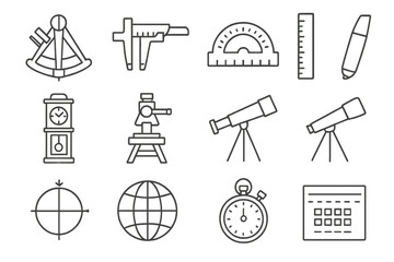 Astronomical Tools Icons. Line style icons of Astronomical Measurement Tools: sextant, vernier scale, angle protractor, measuring