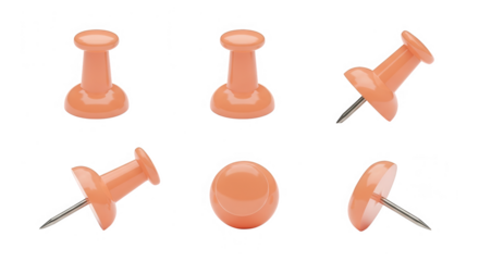 Set of peach colored push pins shown from various angles isolated on transparent background