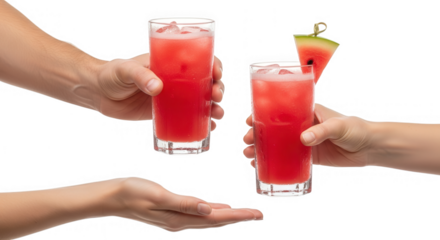 Two hands offering refreshing watermelon cocktail drinks isolated on transparent background