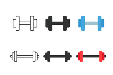Dumbbells and Barbells Icons. Linear minimalistic dumbbell icon: dumbbell outline with weights, uniform line thickness, no fill,