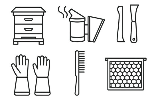 Beehive Equipment Icons. Line style icons of beehive equipment: Langstroth hive icon, smoker device, hive tool set, protective