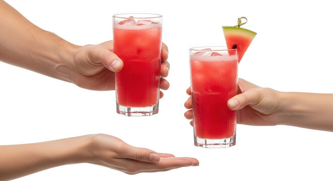 Two hands offering refreshing watermelon cocktail drinks isolated on transparent background