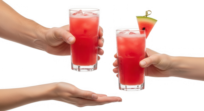 Two hands offering refreshing watermelon cocktail drinks isolated on transparent background
