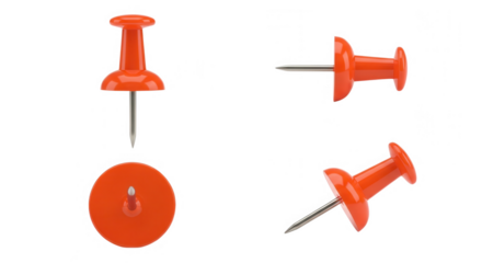 Set of four orange push pins shown from different angles isolated on transparent background
