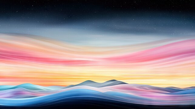 An abstract, dreamlike landscape with flowing, colorful waves resembling hills and sky, under a dark, starry night sky. The colors blend from blue and pink to y