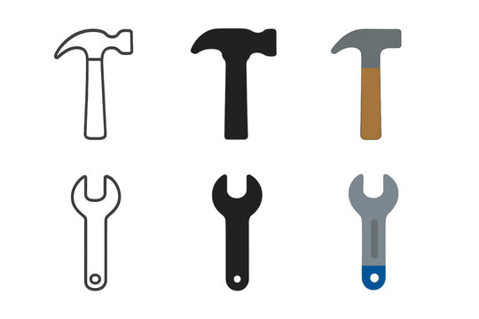 Minimalist Tool Icons. Linear minimalistic hammer icon: hammer outline with handle, uniform line thickness, no fill, Solid hammer