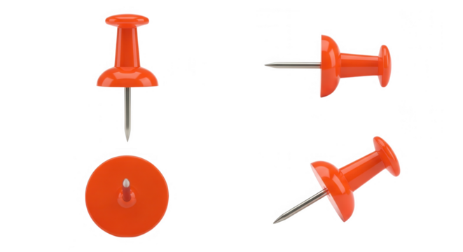 Set of four orange push pins shown from different angles isolated on transparent background