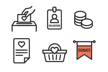 Charity Campaign Icons. Linear minimalistic charity campaign icon: giving box, volunteer badge, coins stack, pledge sheet,