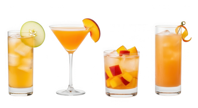 Four different orange cocktails isolated on transparent background
