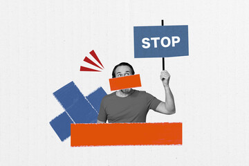 3d pop image sketch artwork collage of anonym man censorship hold picket demonstration activist stop revolution volunteer